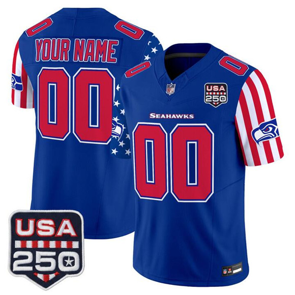Men's Seattle Seahawks Customized Royal 2026 F.U.S.E. America 250 Edition Patch Vapor Limited Stitched Football Jersey